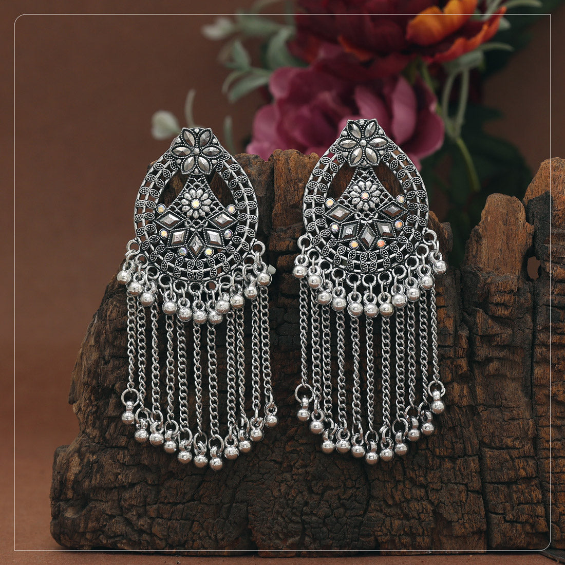 Silver Color Glass Stone Oxidised Earrings (GSE3117SLV)