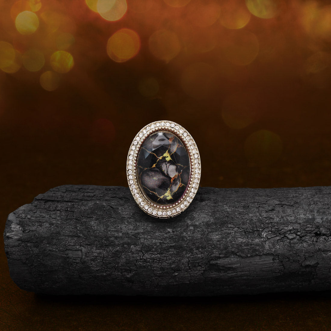 Sleek Black Color Kundan Ring For Women