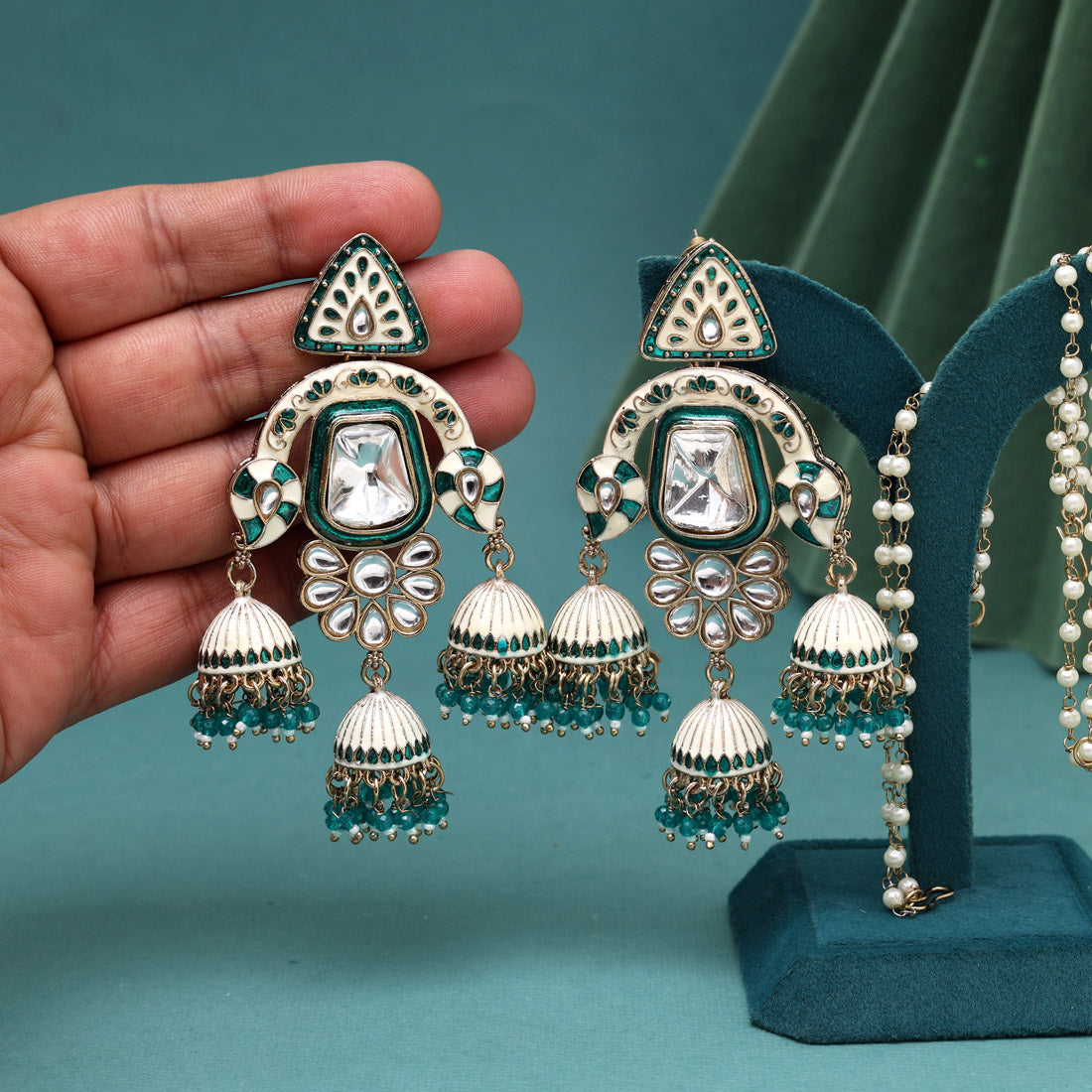 Rama Green Color Kundan Meenakari Earrings