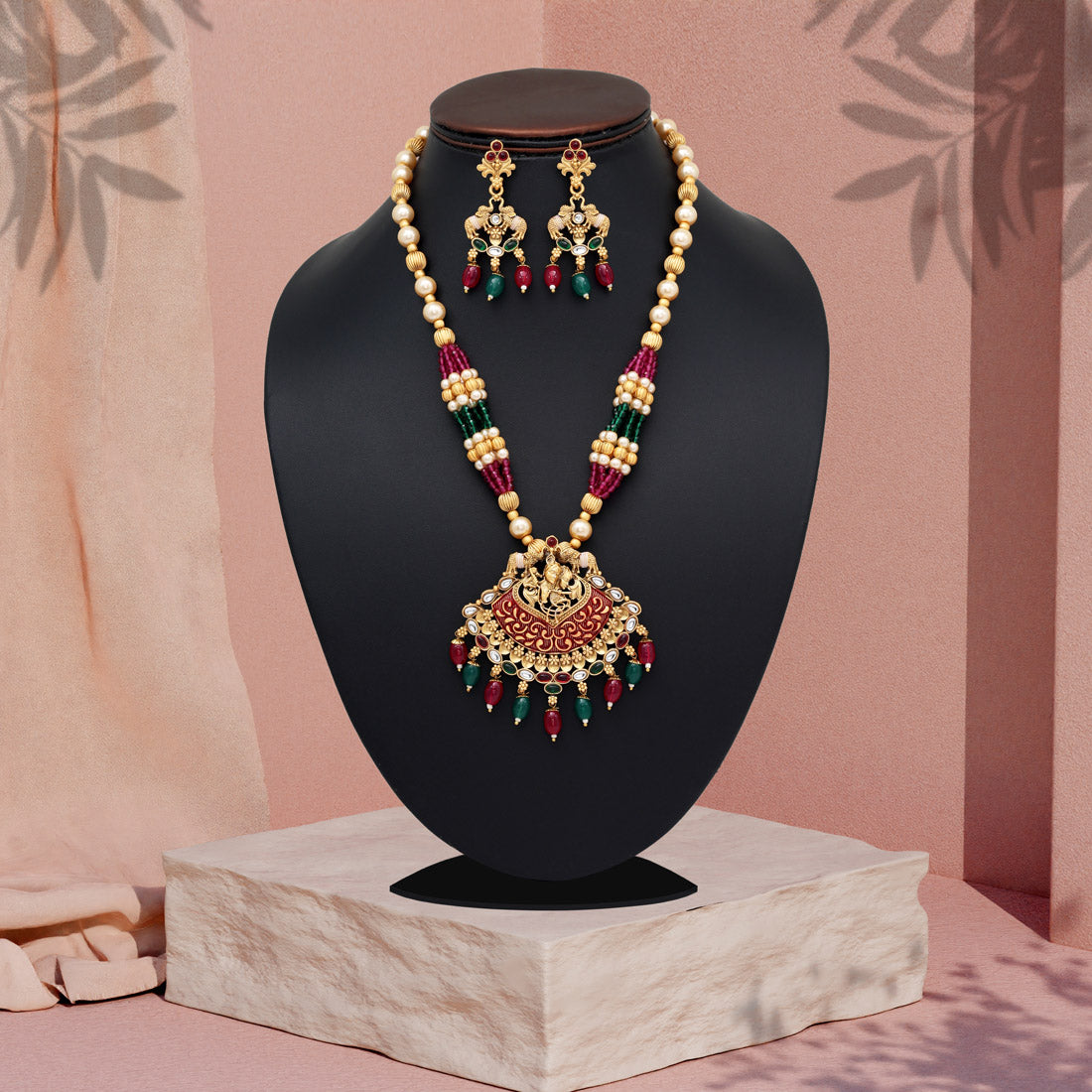 Rani & Green Color Matte Gold Rajwadi Temple Necklace Set