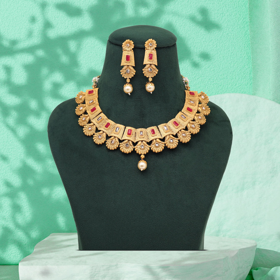 Rani Color Matte Gold Rajwadi Temple Necklace Set