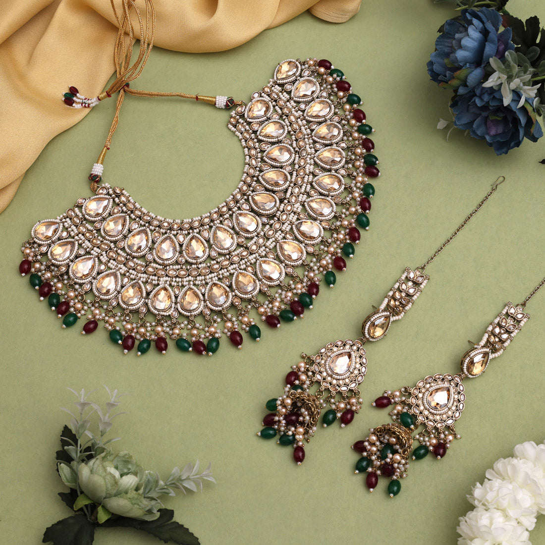 Maroon & Green Color Kundan Dulhan Set