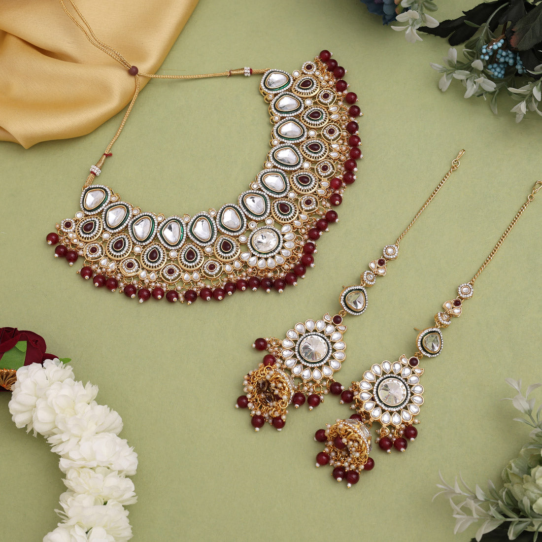 Maroon Color Meena Work Kundan Dulhan Set