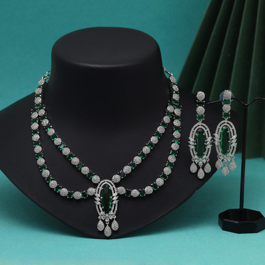 Green Color American Diamond Necklaces Set