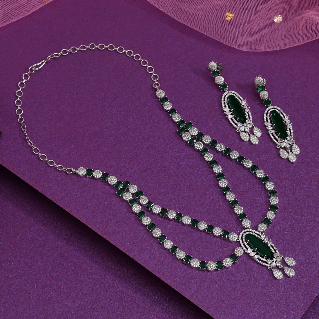 Green Color American Diamond Necklaces Set