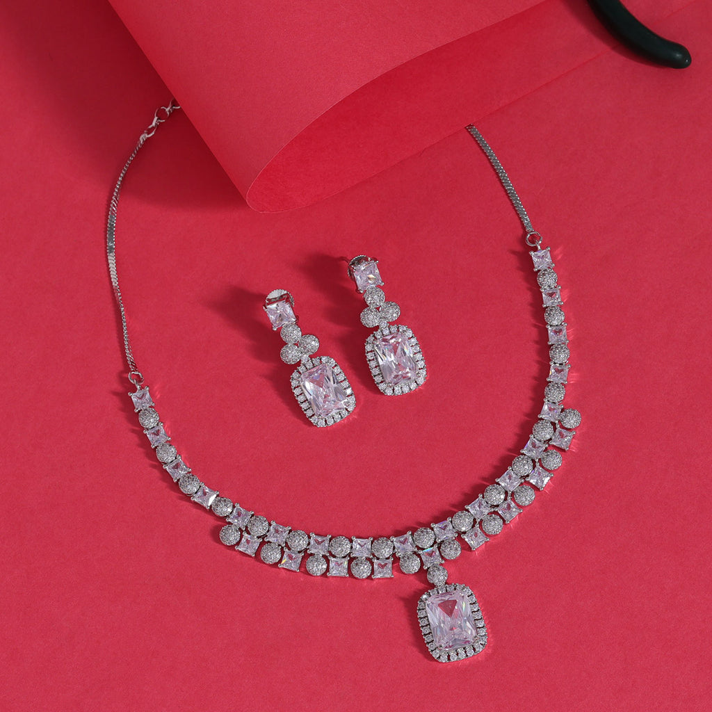 Silver Color American Diamond Necklace Set