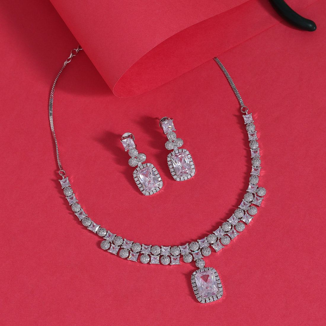 Silver Color American Diamond Necklace Set