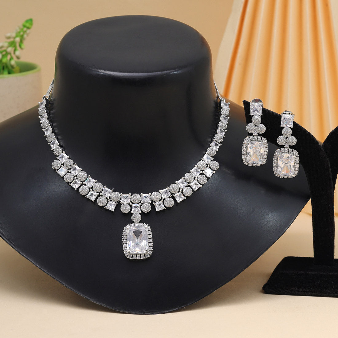 Silver Color American Diamond Necklace Set
