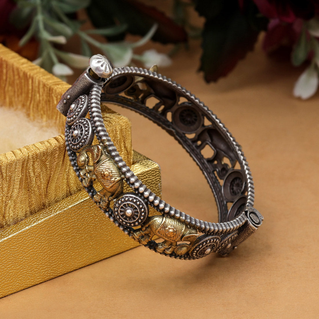 Gold & Silver Color Openable Dual Tone Oxidised Bracelet