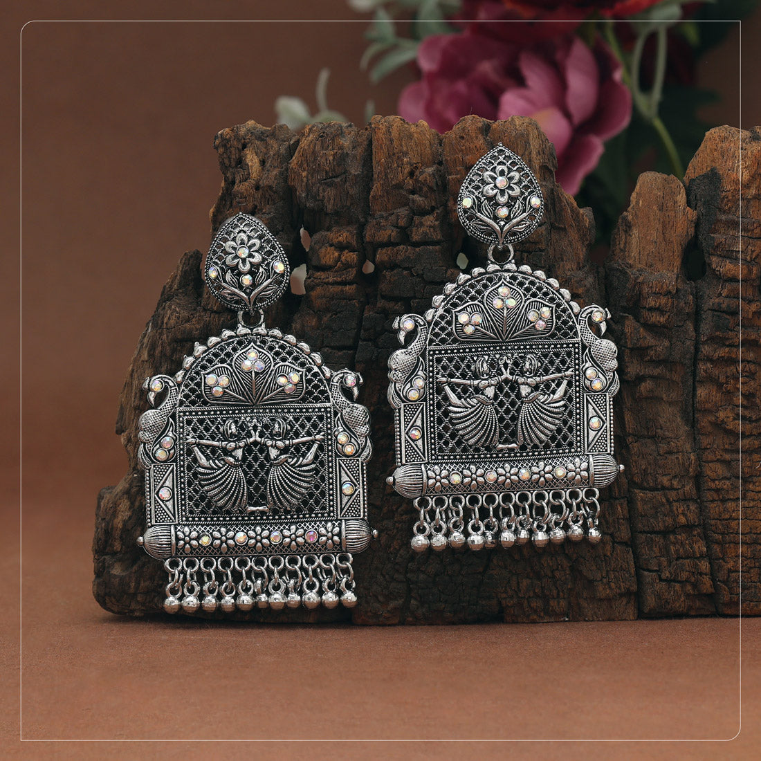 Silver Color Glass Stone Oxidised Earrings (GSE3089SLV)
