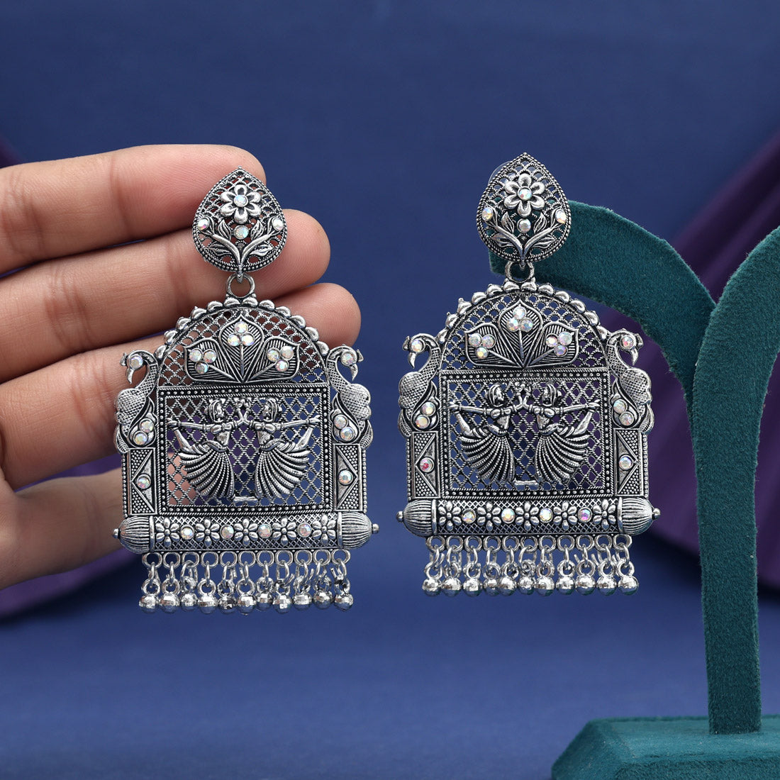 Silver Color Glass Stone Oxidised Earrings (GSE3089SLV)