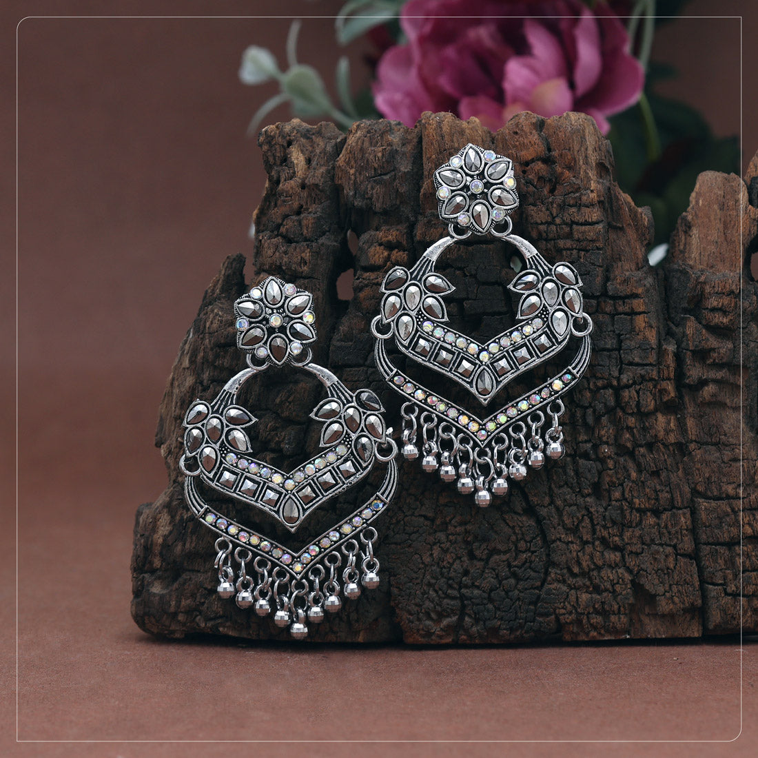 Silver Color Glass Stone Oxidised Earrings (GSE3092SLV)