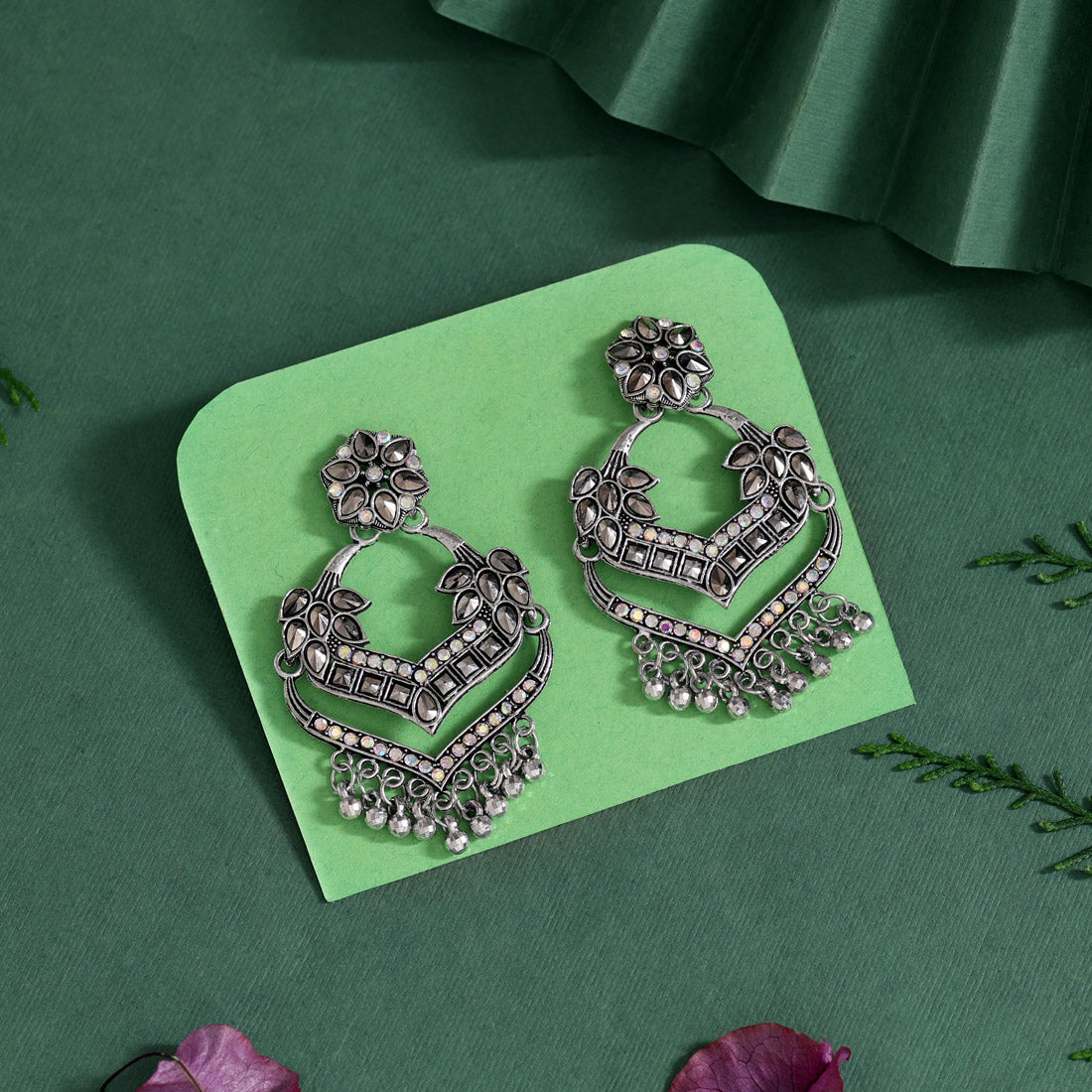 Silver Color Glass Stone Oxidised Earrings (GSE3092SLV)