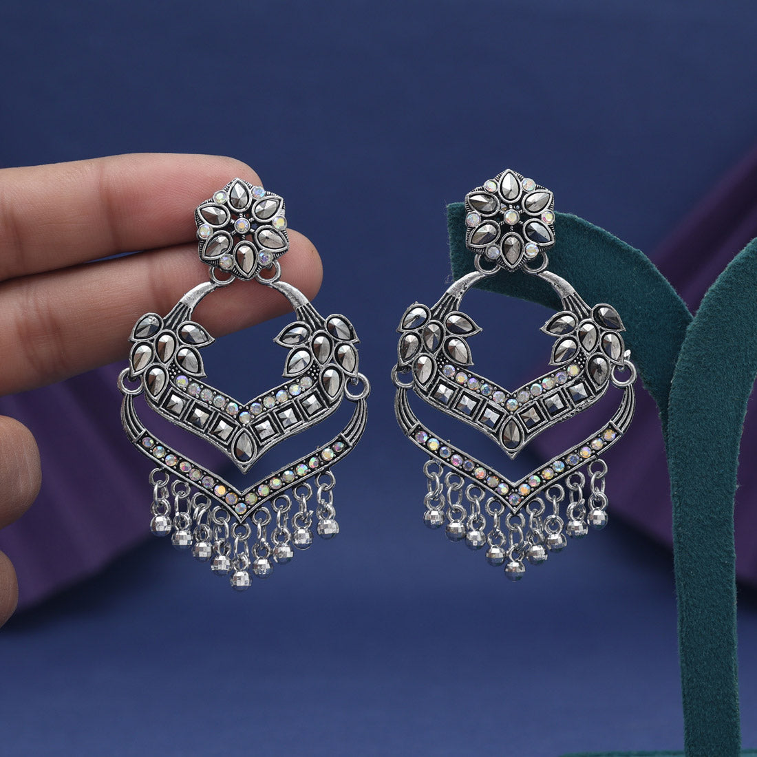 Silver Color Glass Stone Oxidised Earrings (GSE3092SLV)
