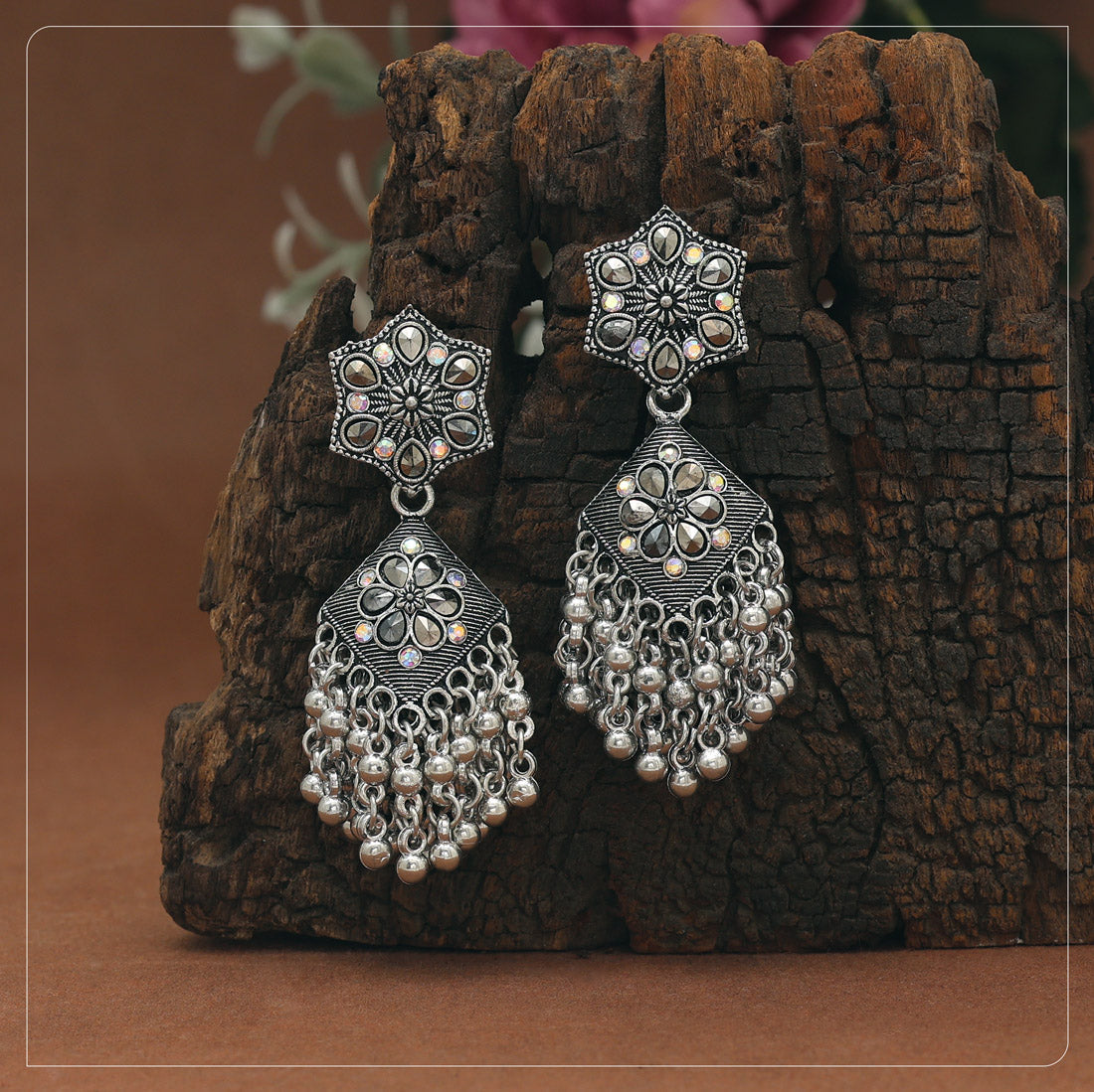 Silver Color Glass Stone Oxidised Earrings (GSE3093SLV)