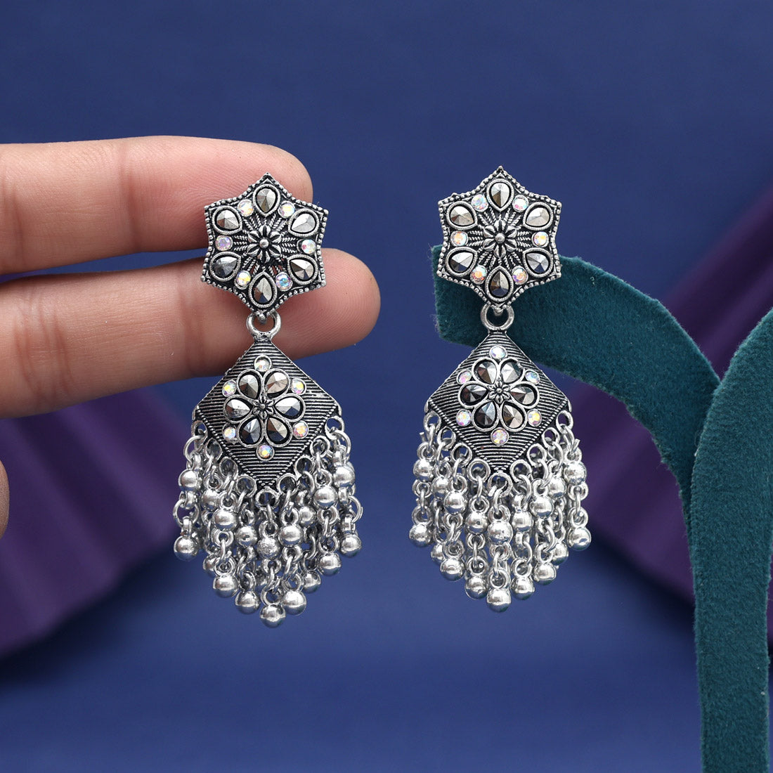 Silver Color Glass Stone Oxidised Earrings (GSE3093SLV)
