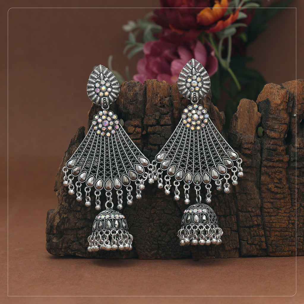 Silver Color Glass Stone Oxidised Earrings (GSE3100SLV)