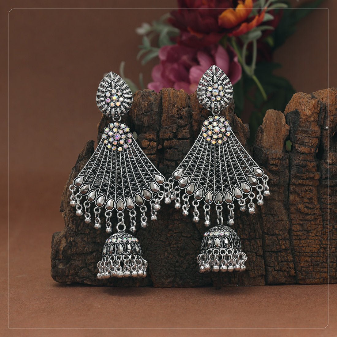 Silver Color Glass Stone Oxidised Earrings (GSE3100SLV)