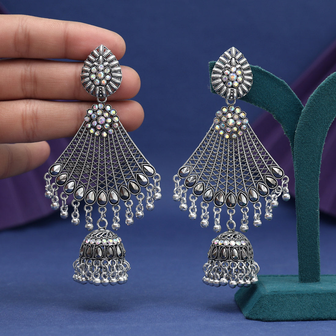 Silver Color Glass Stone Oxidised Earrings (GSE3100SLV)