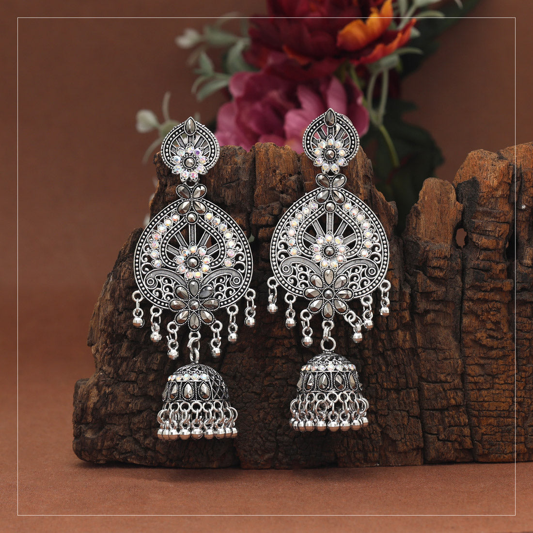 Silver Color Glass Stone Oxidised Earrings (GSE3103SLV)