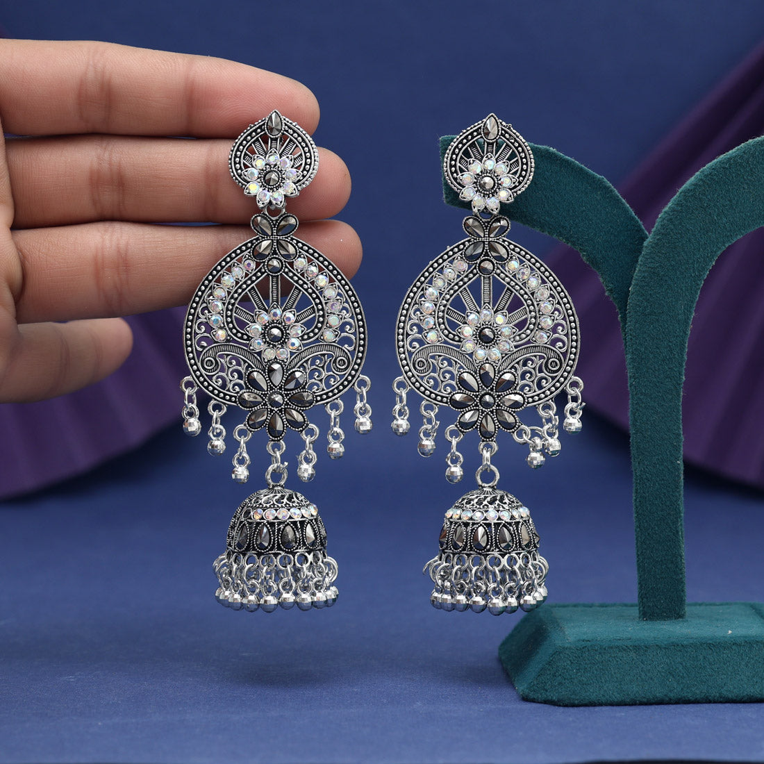 Silver Color Glass Stone Oxidised Earrings (GSE3103SLV)