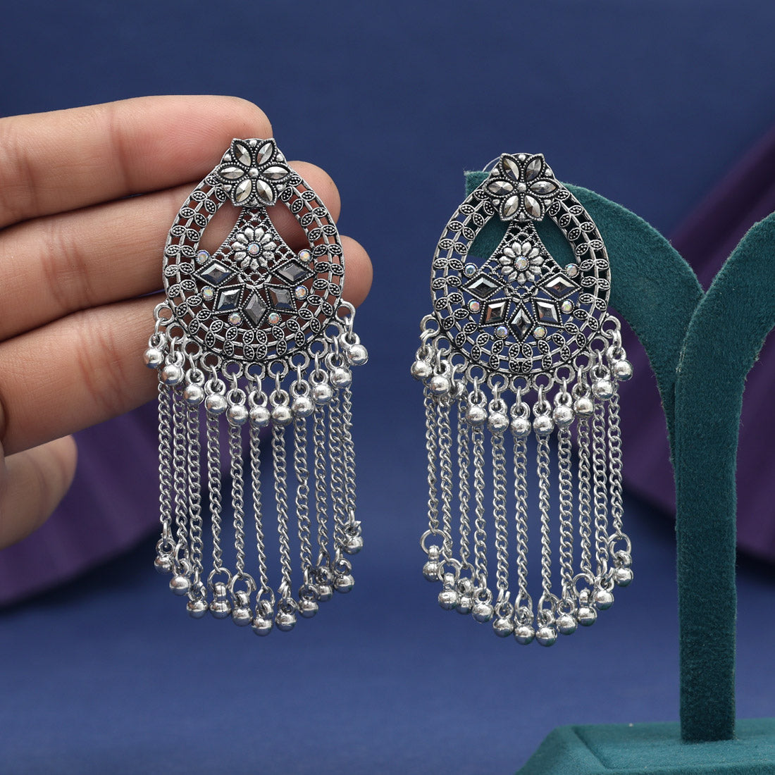 Silver Color Glass Stone Oxidised Earrings (GSE3117SLV)