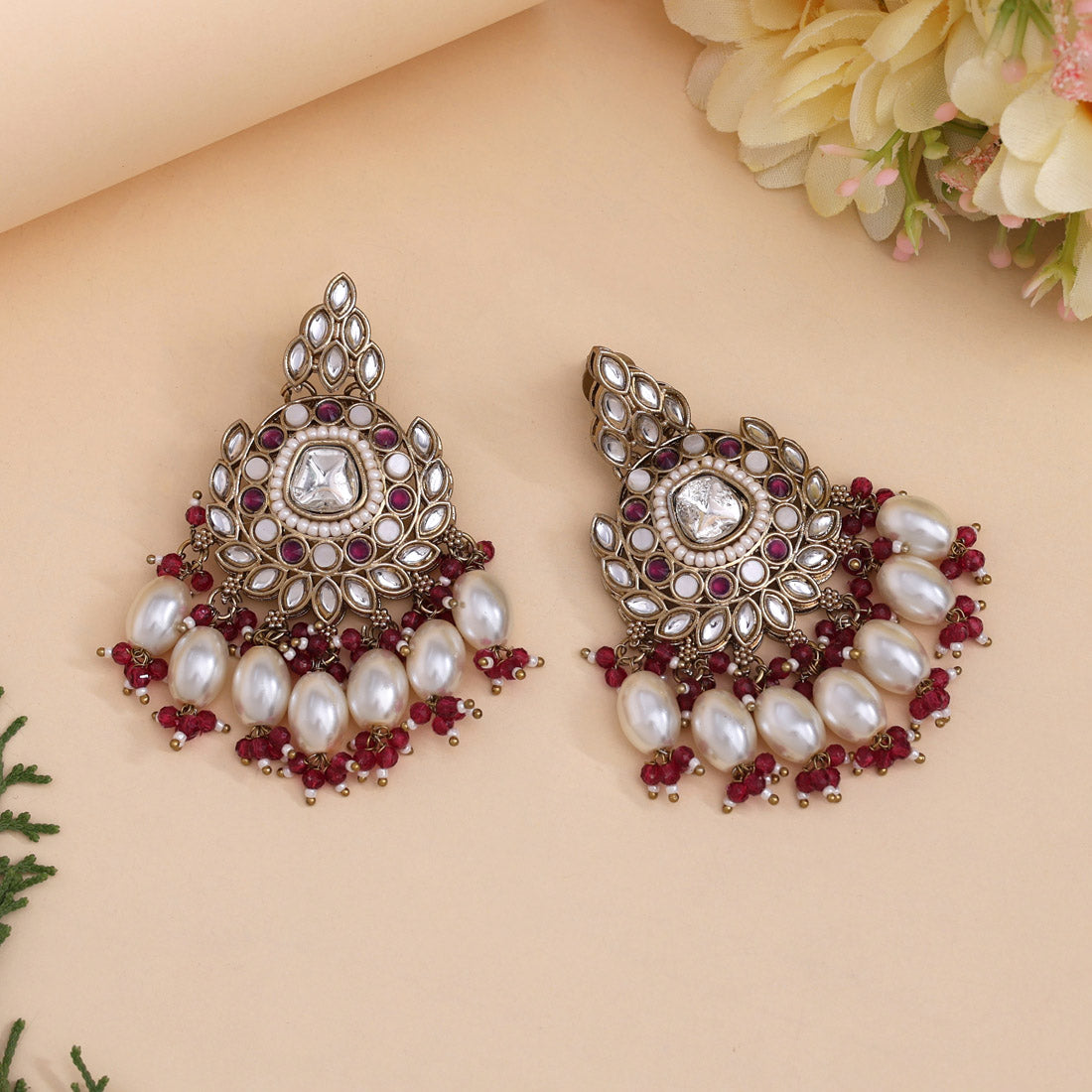 Magenta Color Kundan Earrings
