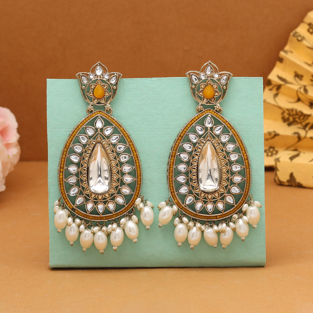 Yellow Color Kundan Earrings