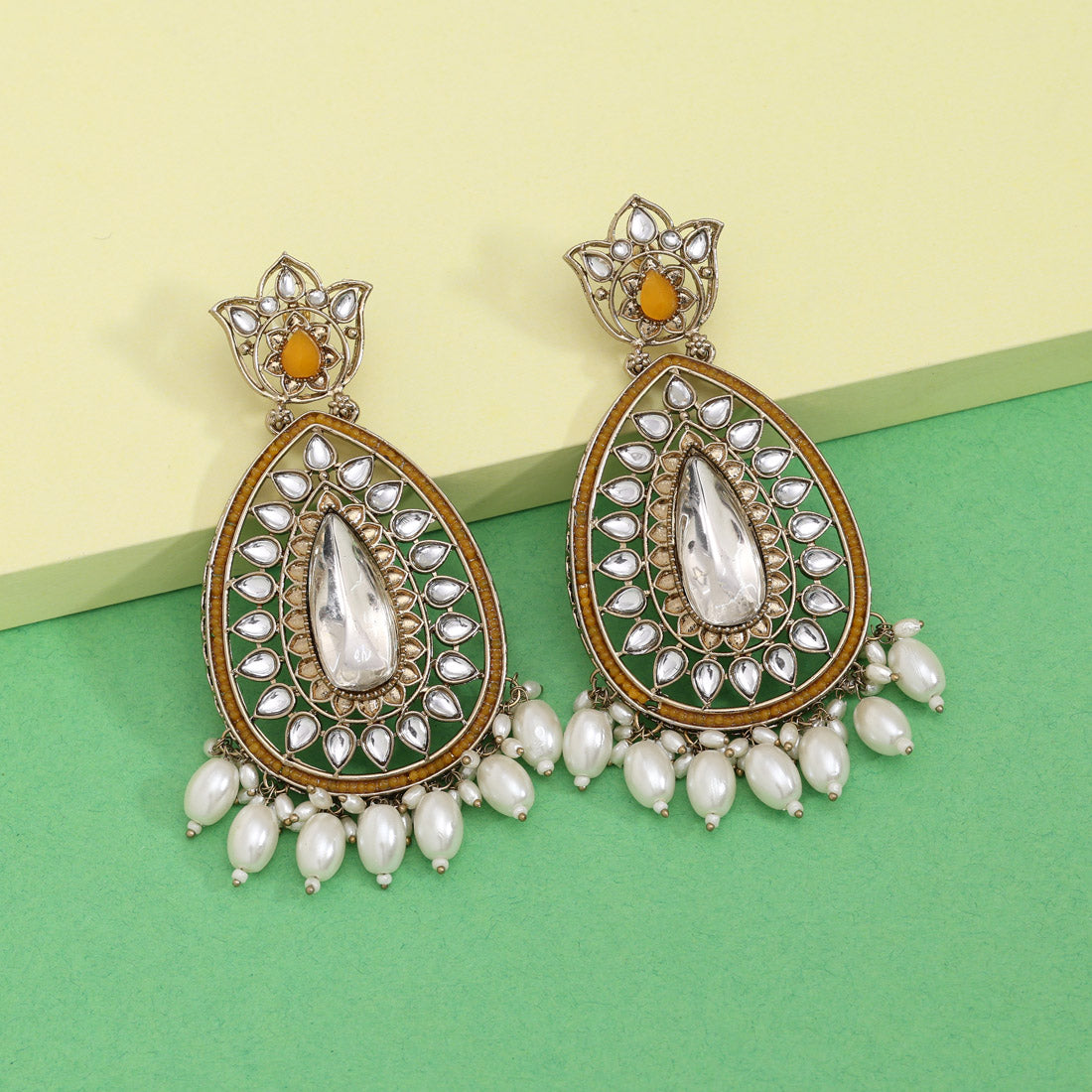 Yellow Color Kundan Earrings