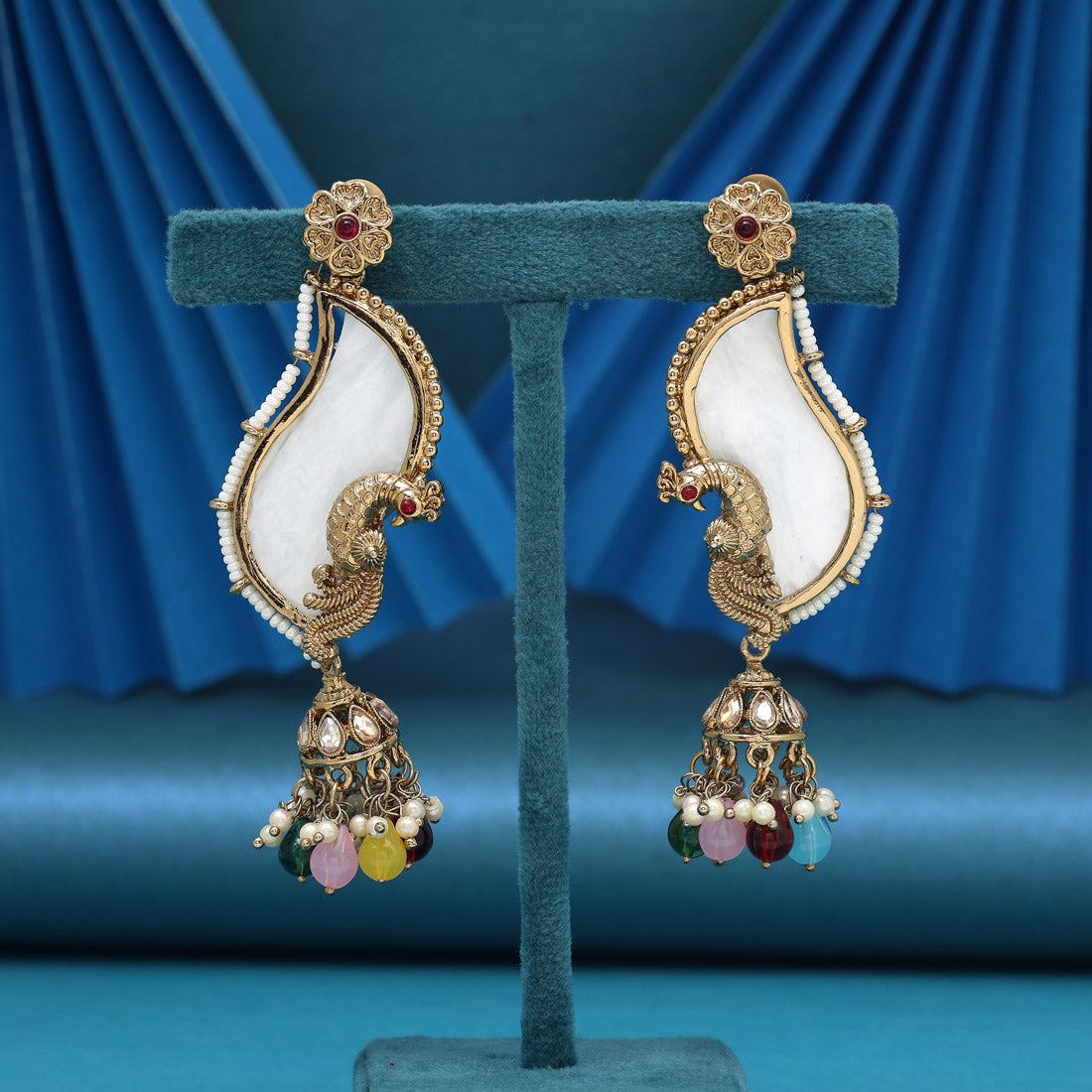 Multi Color Mother Of Pearl Kundan Earrings (KDE1043MLT)