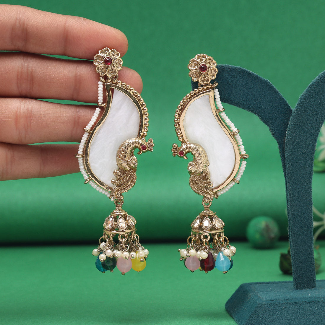 Multi Color Mother Of Pearl Kundan Earrings (KDE1043MLT)