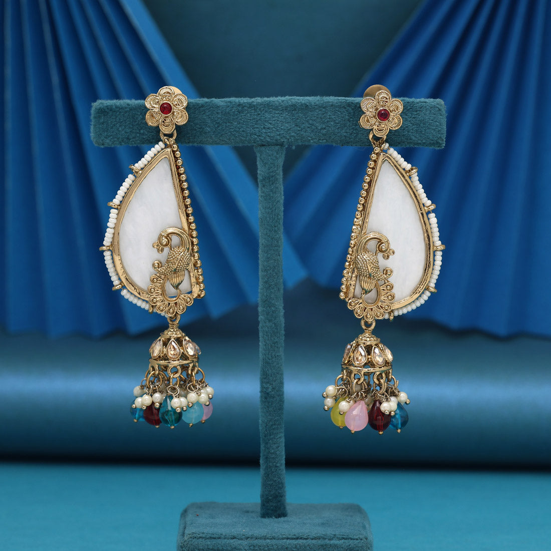 Multi Color Mother Of Pearl Kundan Earrings (KDE1044MLT)