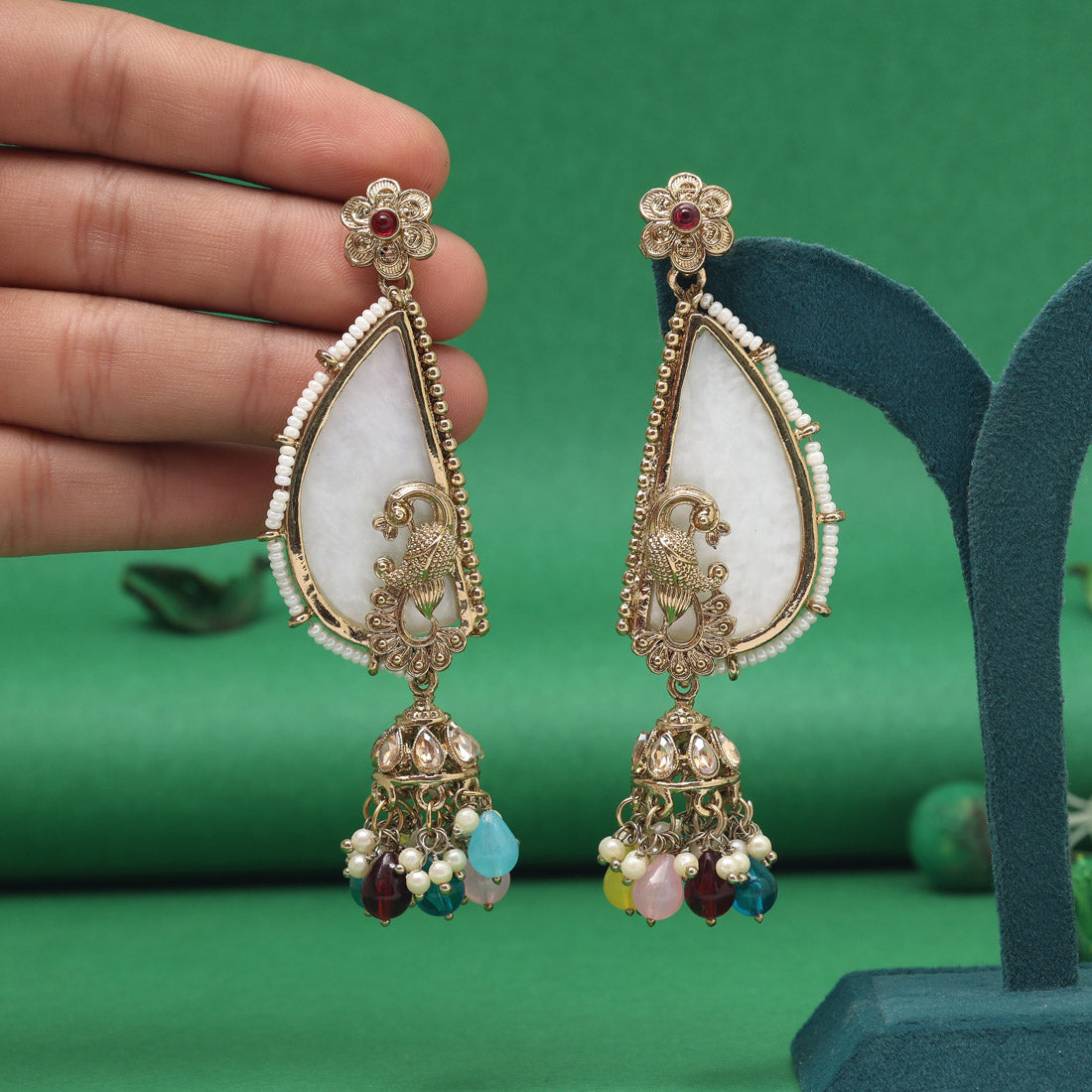 Multi Color Mother Of Pearl Kundan Earrings (KDE1044MLT)