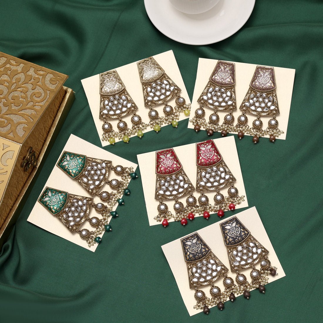 Assorted Color 5 Pairs Meena Work Kundan Earrings Combo