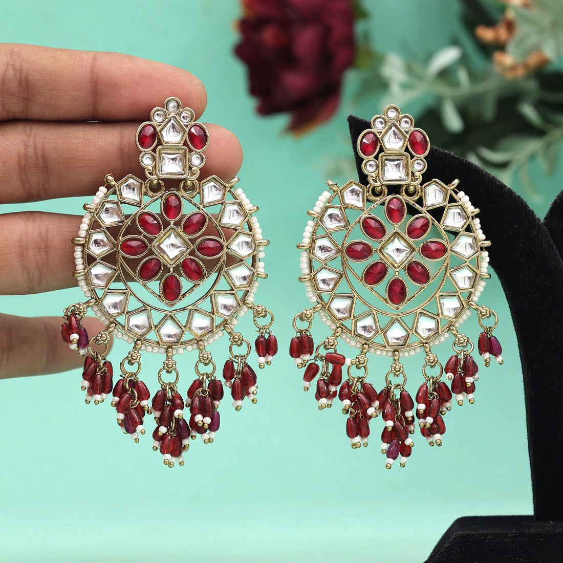 Maroon Color Kundan Earrings (KDE893MRN)