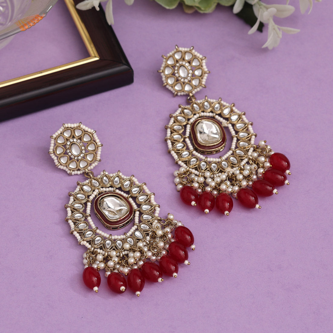 Maroon Color Kundan Earrings