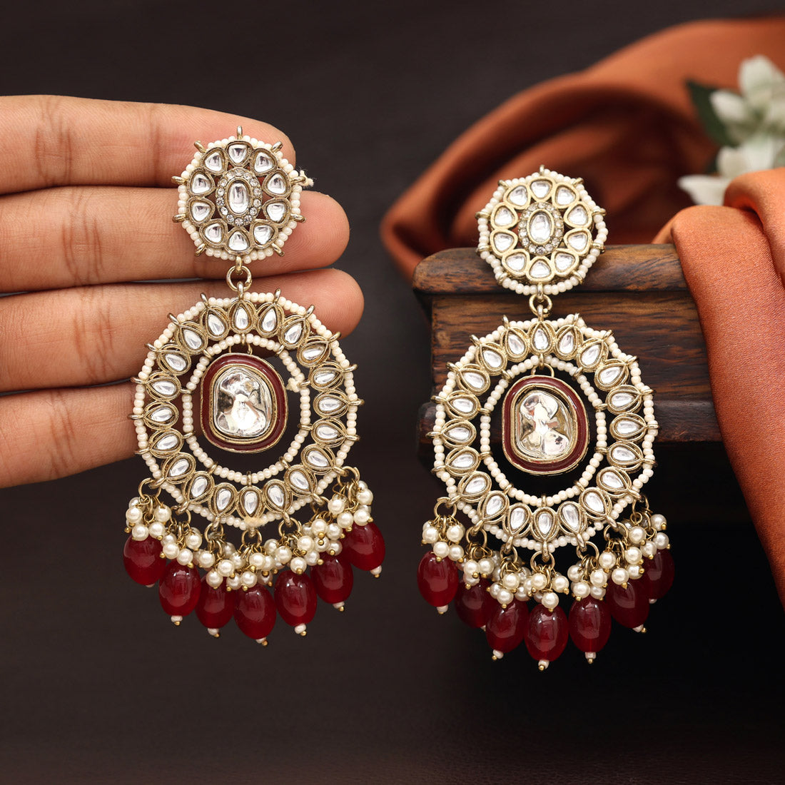 Maroon Color Kundan Earrings
