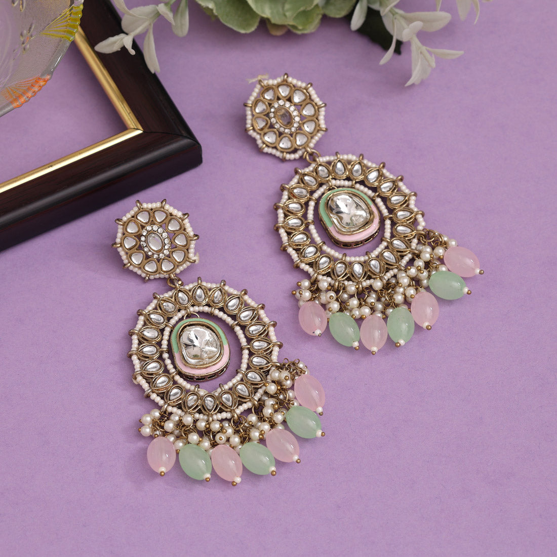 Pink & Pista Green Color Kundan Earrings