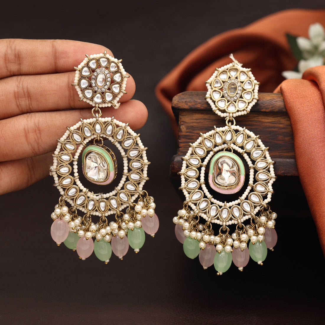 Pink & Pista Green Color Kundan Earrings