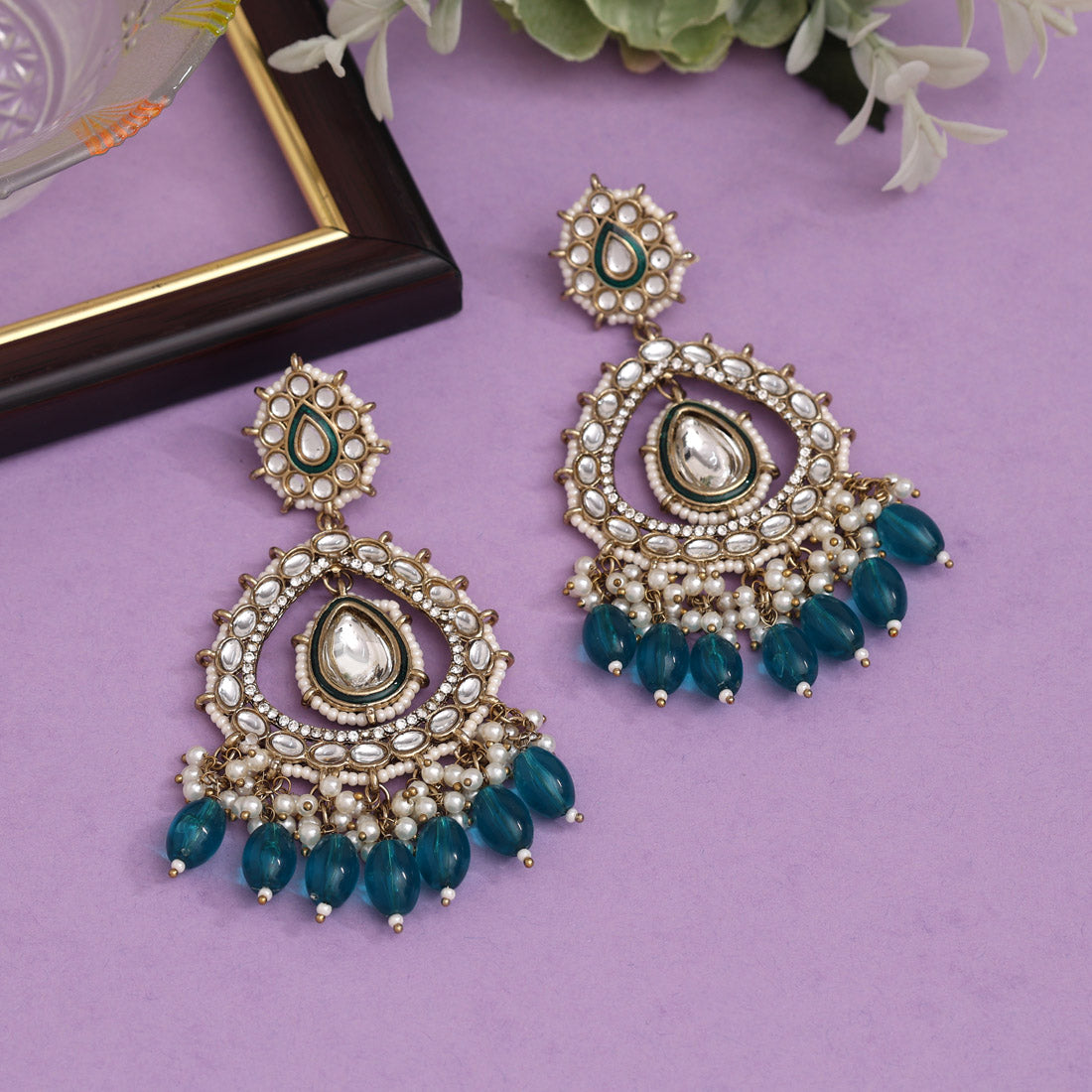 Turquoise Blue Color Kundan Earrings