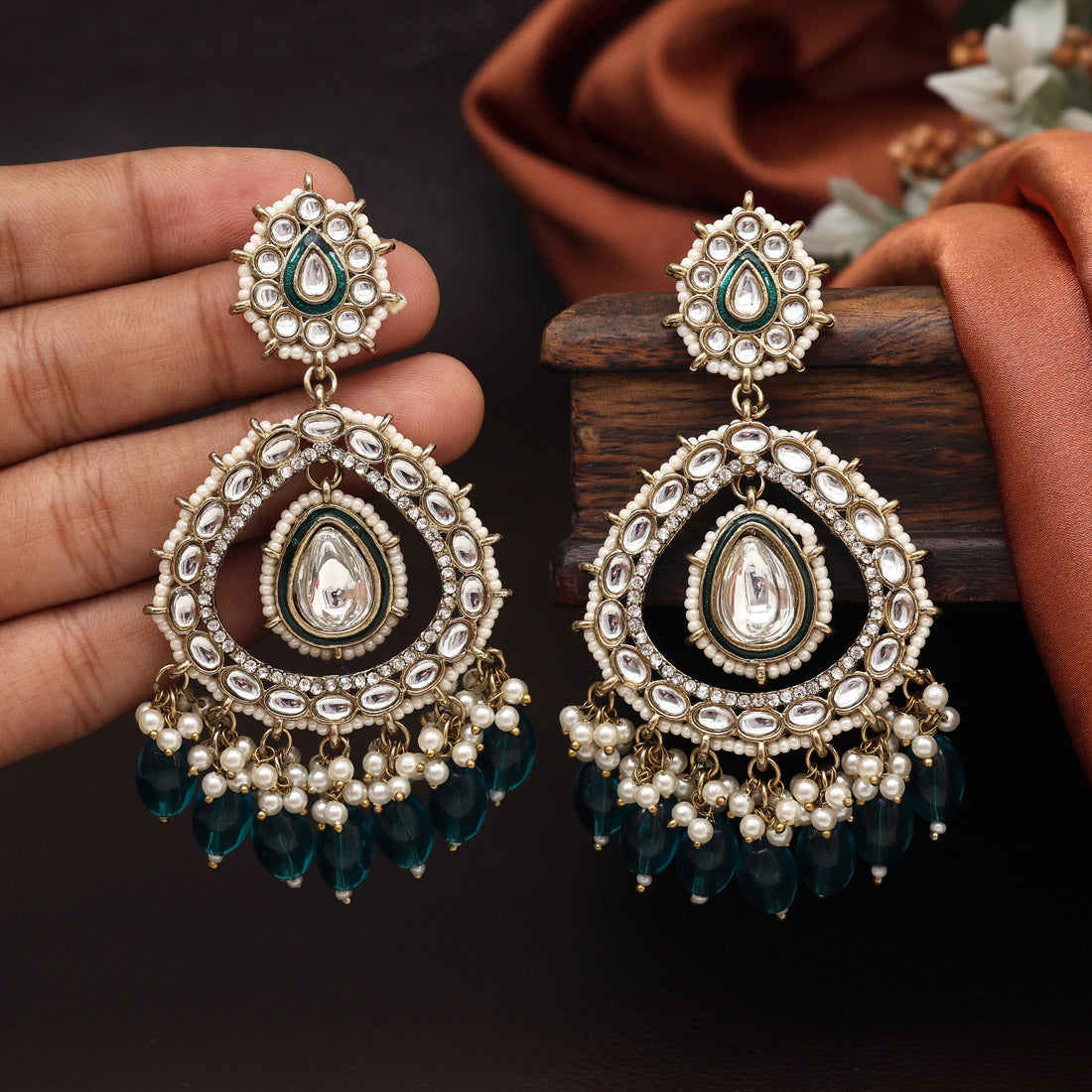 Turquoise Blue Color Kundan Earrings