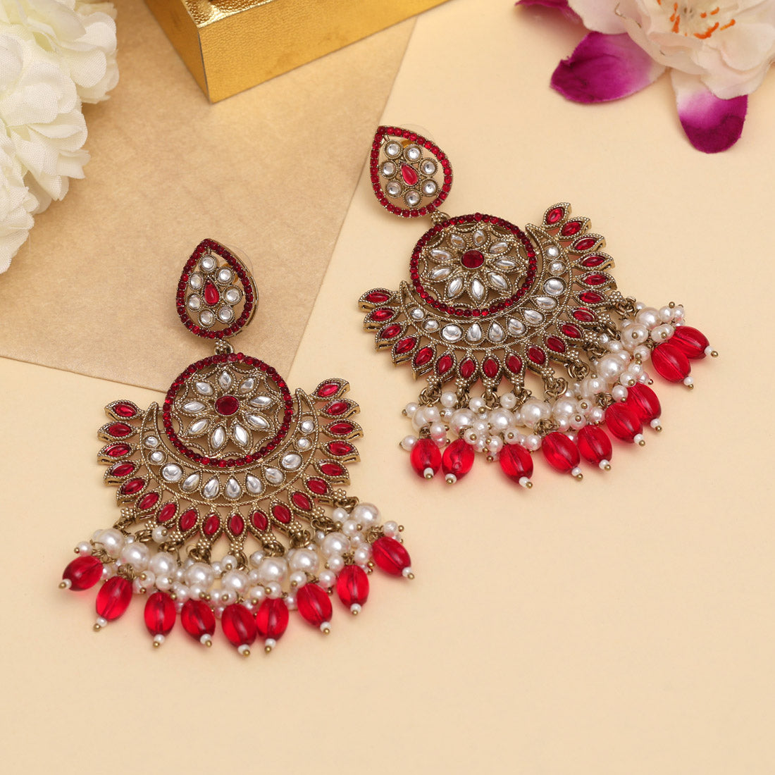 Rani Color Kundan Pakistani Earrings