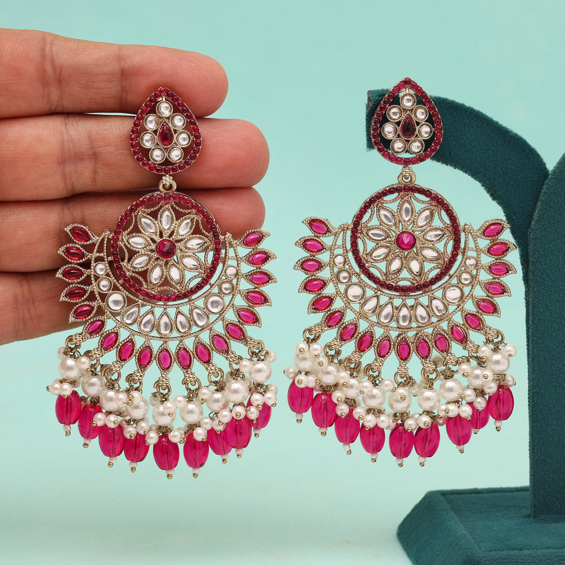 Rani Color Kundan Pakistani Earrings