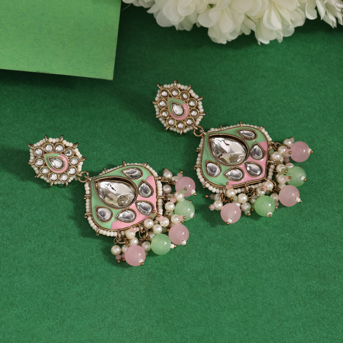 Pink Color Kundan Meenakari Earrings