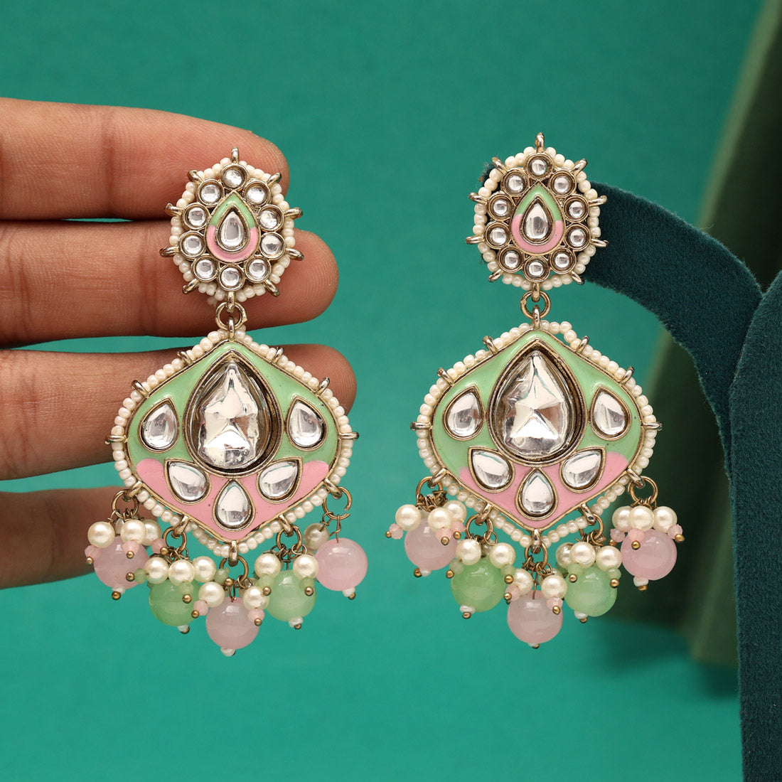 Pink Color Kundan Meenakari Earrings