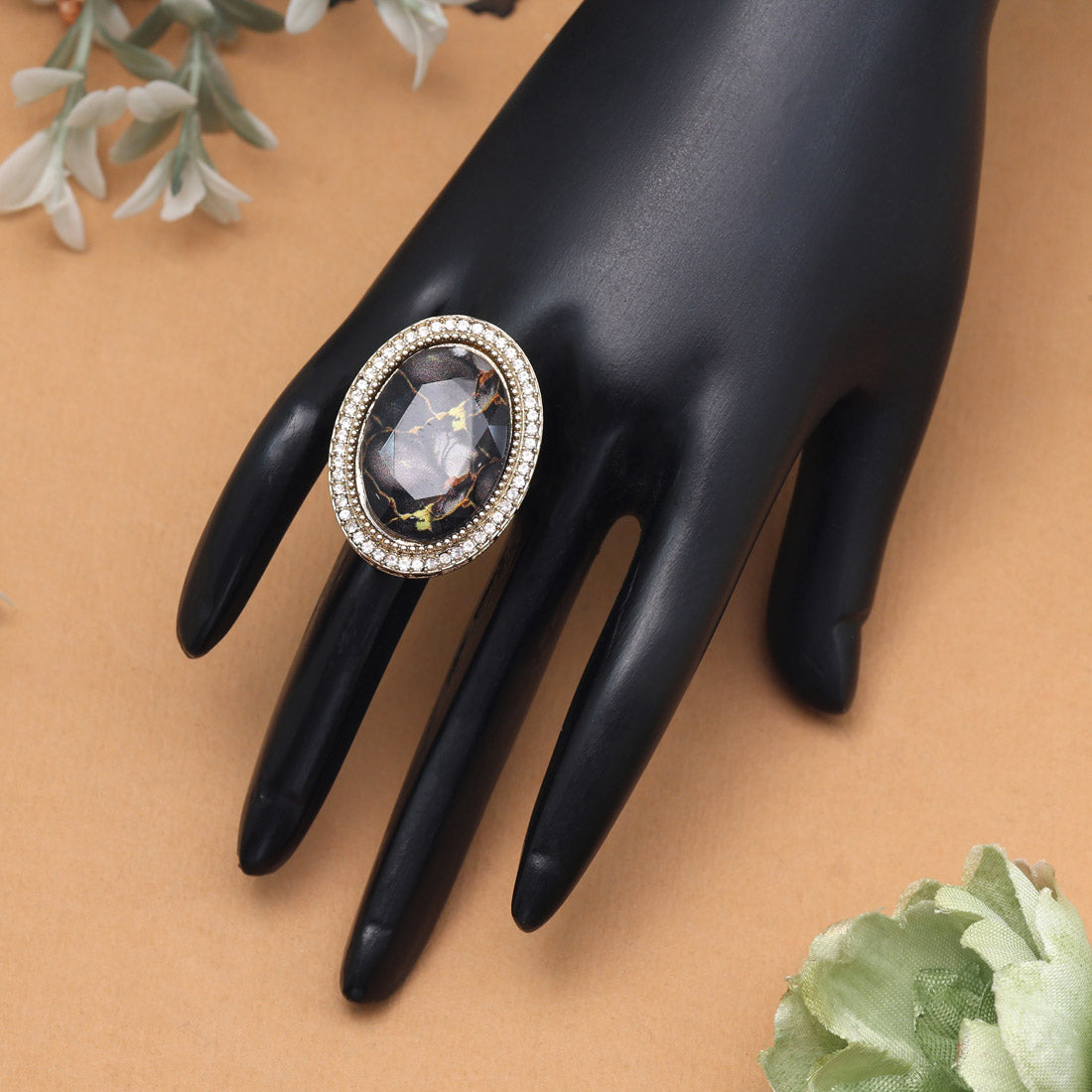 Sleek Black Color Kundan Ring For Women