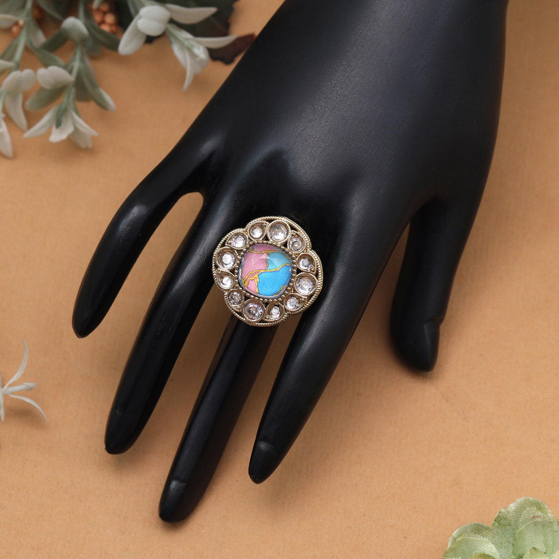 Aqua Firozi Color Kundan Ring For Women