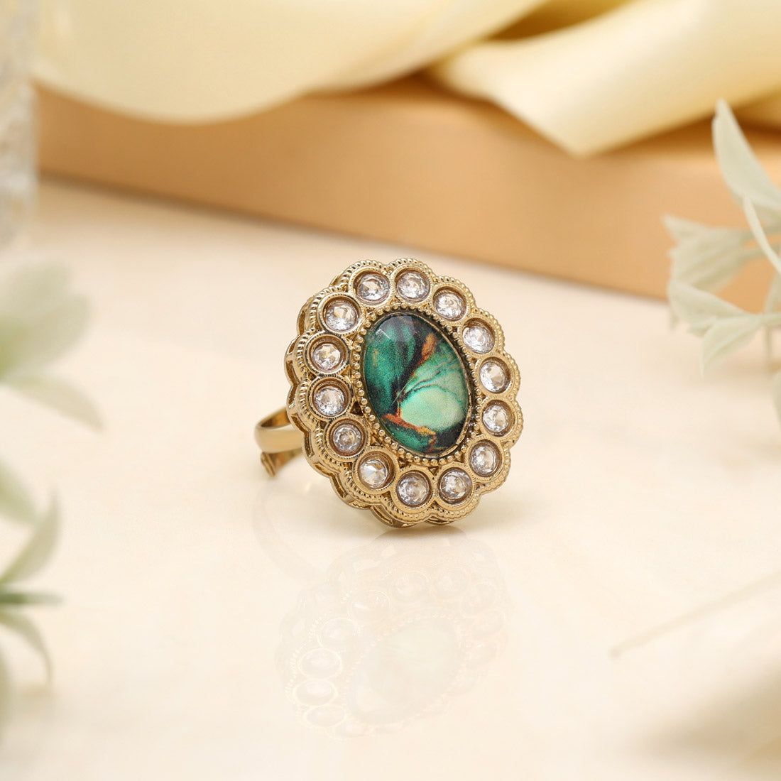 Earthy Green Color Kundan Ring For Women
