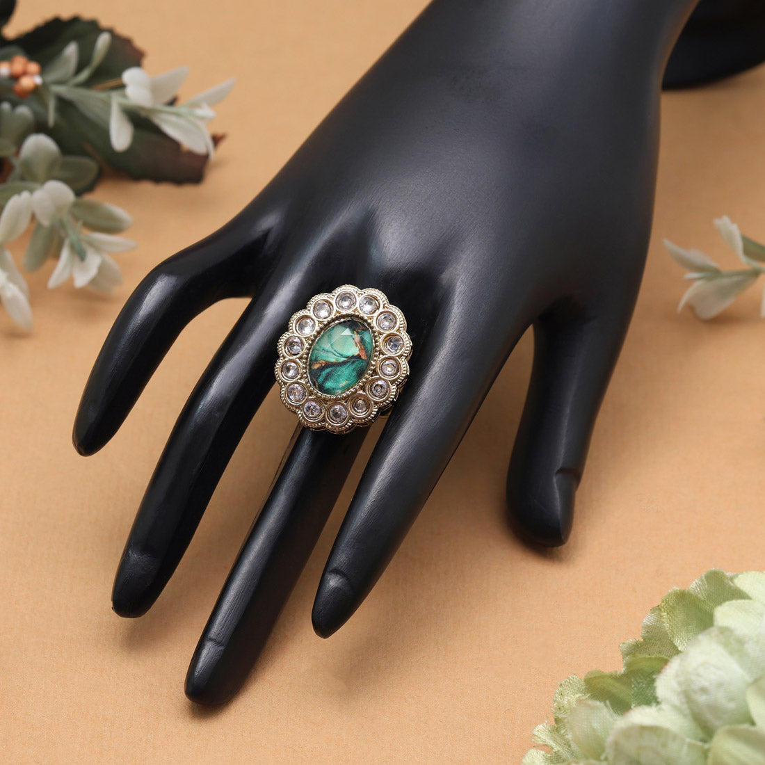 Earthy Green Color Kundan Ring For Women