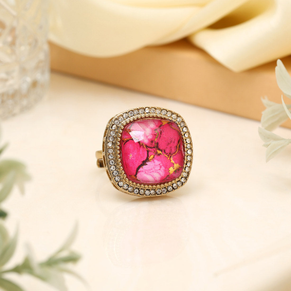 Rosy Pink Color Kundan Ring For Women